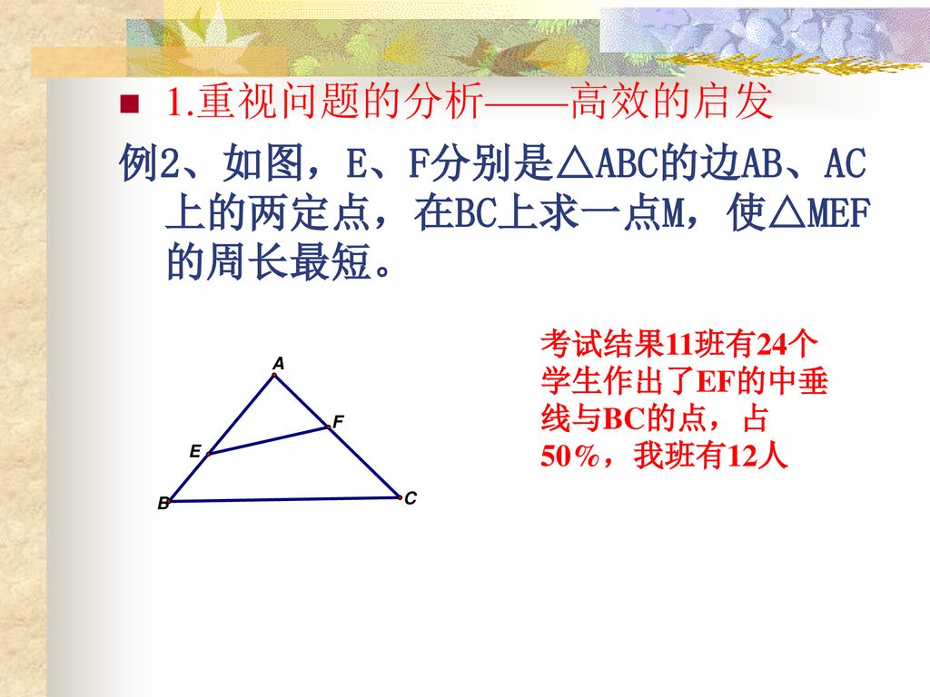 例2、如图，E、F分别是△ABC的边AB、AC上的两定点，在BC上求一点M，使△MEF的周长最短。