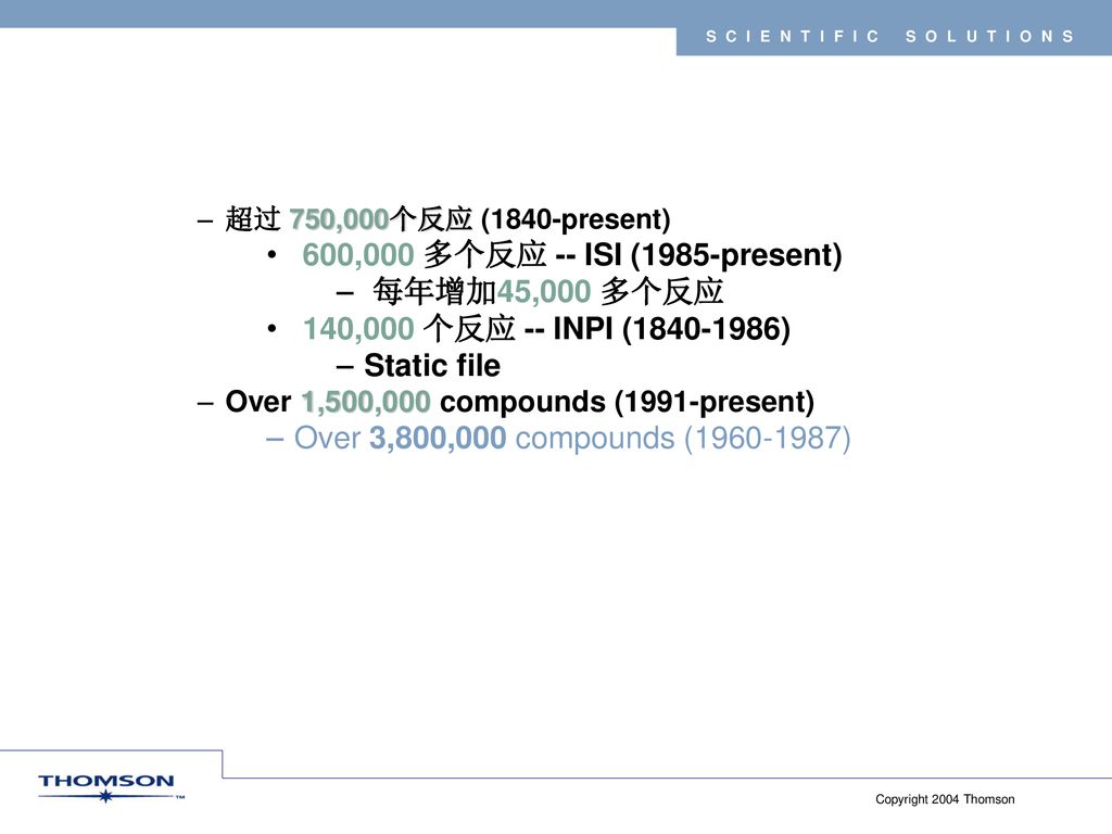 600,000 多个反应 -- ISI (1985-present) 每年增加45,000 多个反应