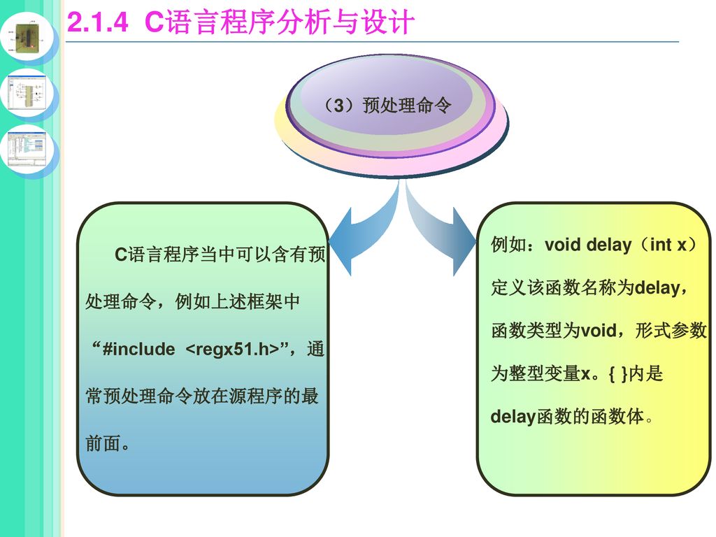2.1.4 C语言程序分析与设计 （3）预处理命令 例如：void delay（int x）