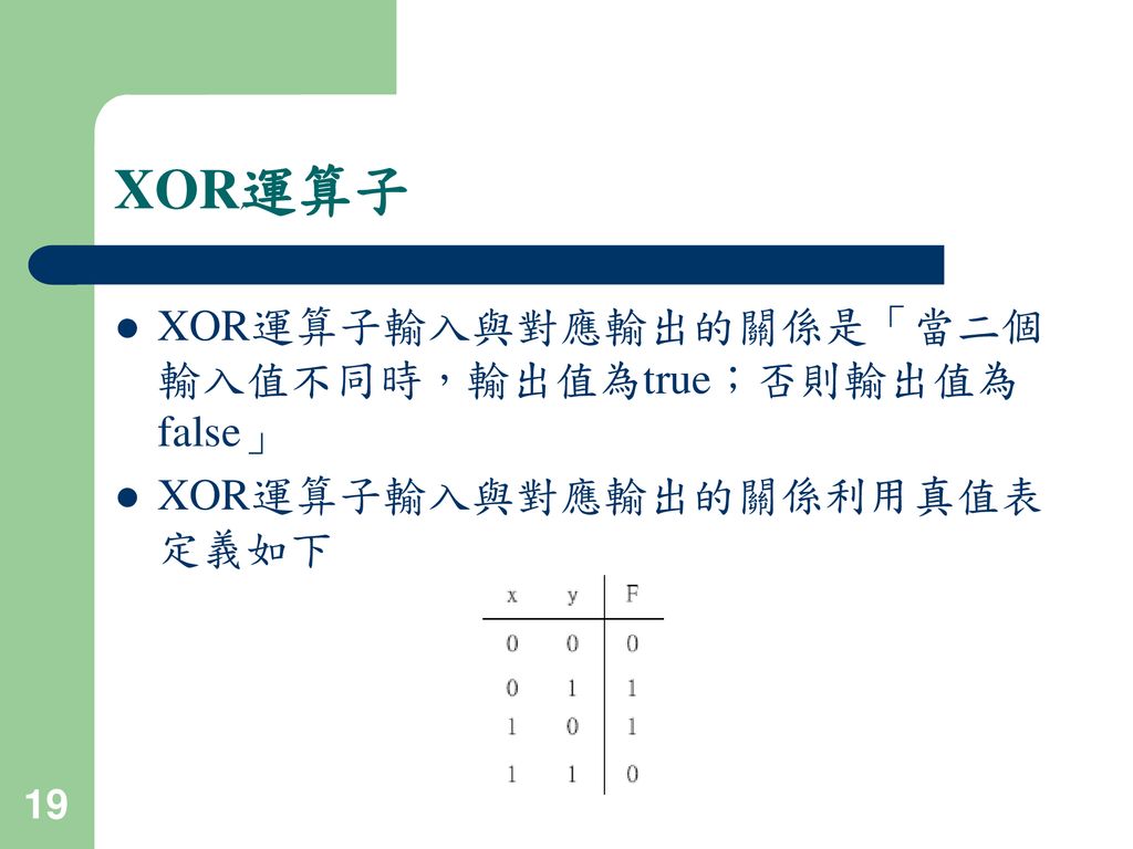 XOR運算子 XOR運算子輸入與對應輸出的關係是「當二個輸入值不同時，輸出值為true；否則輸出值為false」