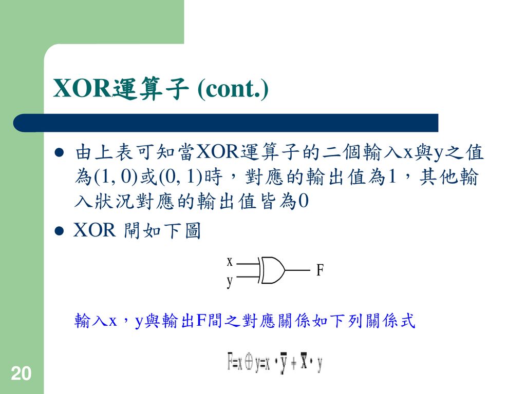 XOR運算子 (cont.) 由上表可知當XOR運算子的二個輸入x與y之值為(1, 0)或(0, 1)時，對應的輸出值為1，其他輸入狀況對應的輸出值皆為0.