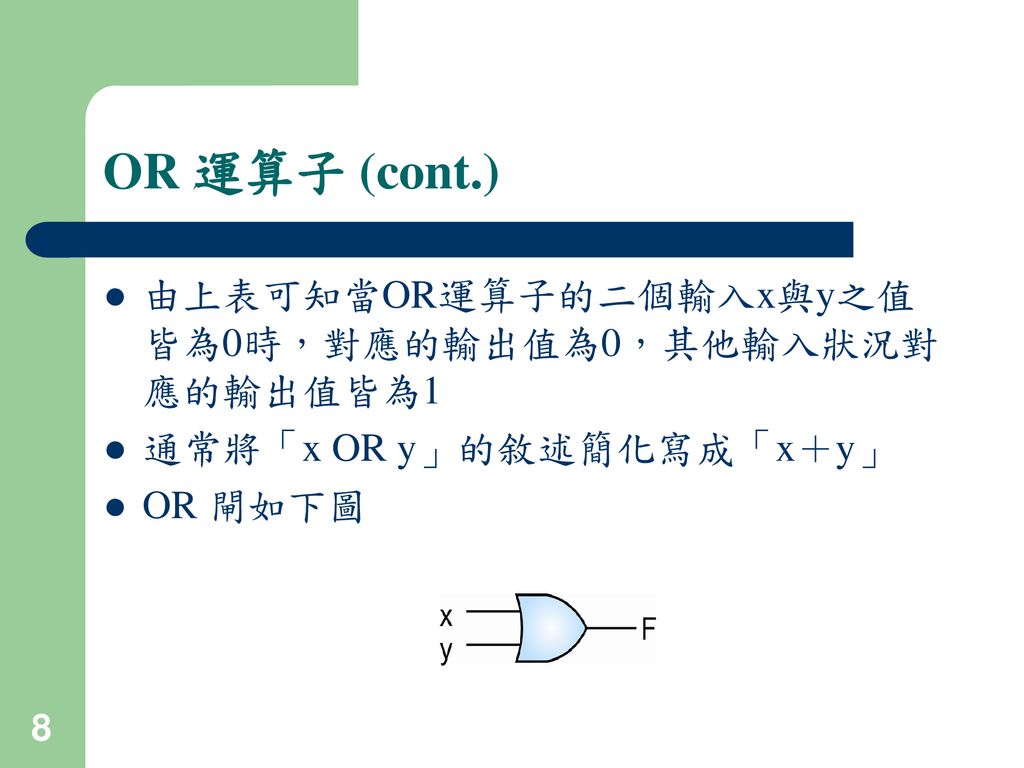 OR 運算子 (cont.) 由上表可知當OR運算子的二個輸入x與y之值皆為0時，對應的輸出值為0，其他輸入狀況對應的輸出值皆為1