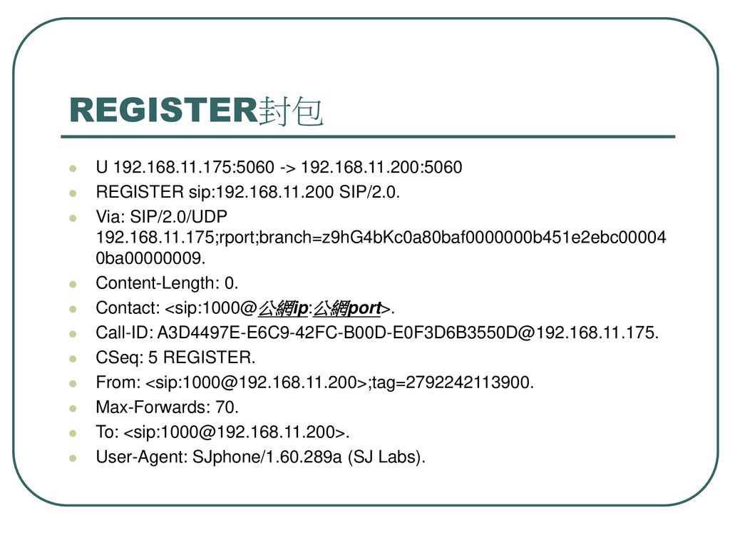 REGISTER封包 U :5060 -> :5060. REGISTER sip: SIP/2.0.