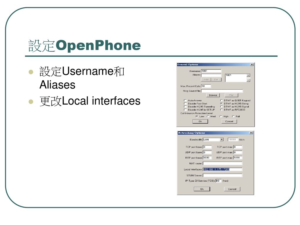 設定OpenPhone 設定Username和Aliases 更改Local interfaces