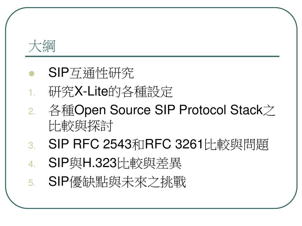 大綱 SIP互通性研究 研究X-Lite的各種設定 各種Open Source SIP Protocol Stack之比較與探討