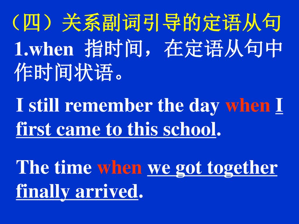 （四）关系副词引导的定语从句 1.when 指时间，在定语从句中作时间状语。 I still remember the day when I first came to this school.