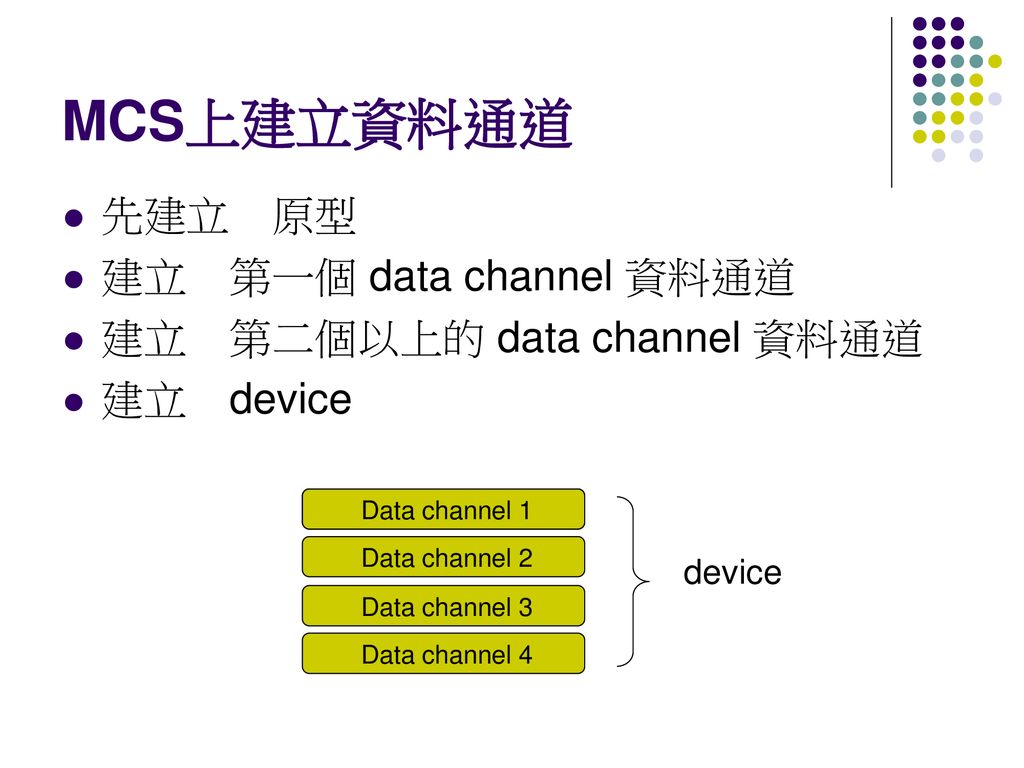 MCS上建立資料通道 先建立 原型 建立 第一個 data channel 資料通道 建立 第二個以上的 data channel 資料通道