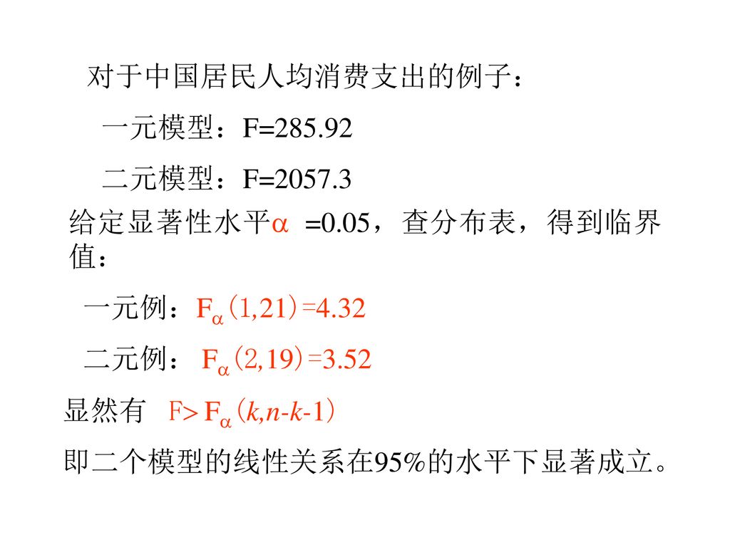 对于中国居民人均消费支出的例子： 一元模型：F= 二元模型：F= 给定显著性水平 =0.05，查分布表，得到临界值： 一元例：F(1,21)=4.32. 二元例： F(2,19)=3.52.