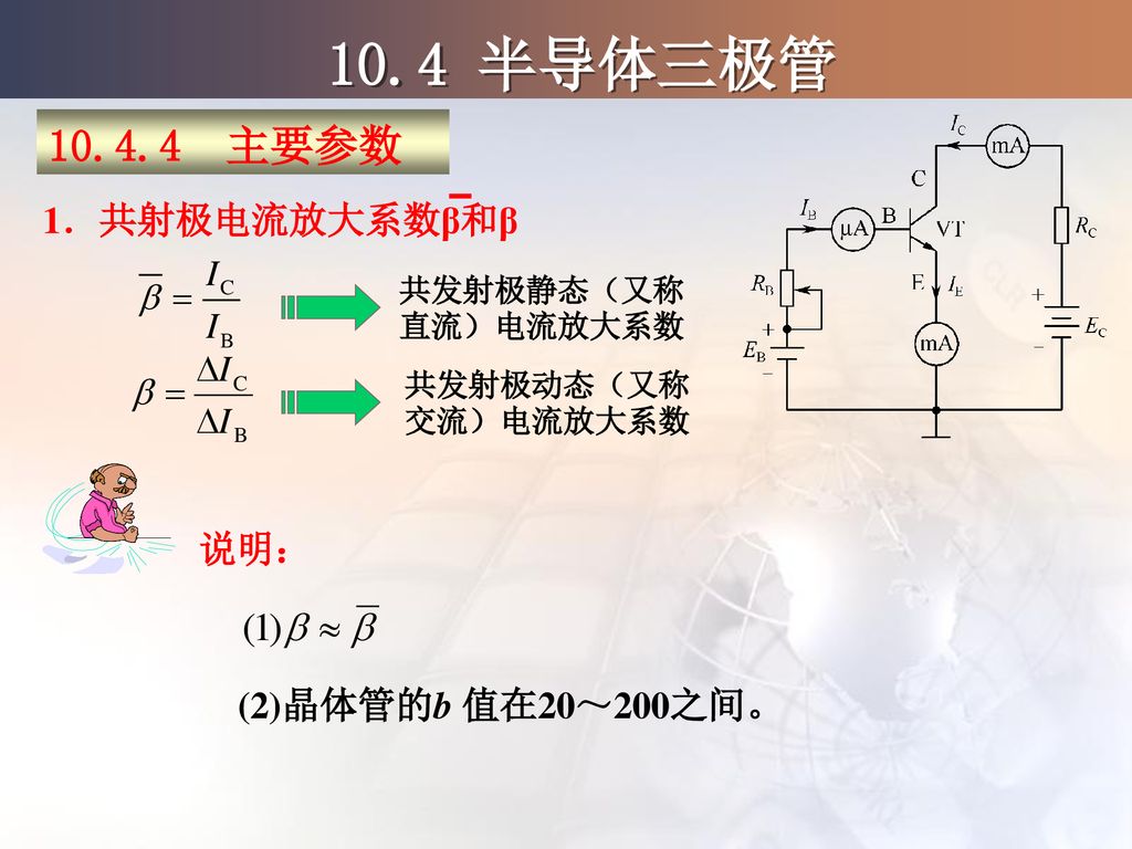 10.4 半导体三极管 主要参数 1．共射极电流放大系数β和β 说明： (2)晶体管的b 值在20～200之间。