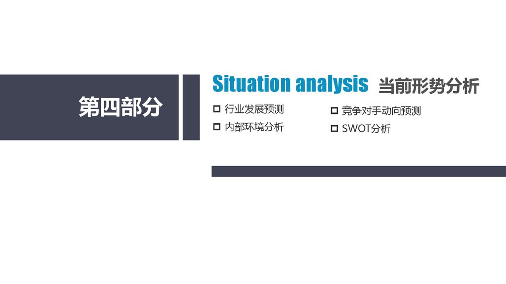 Situation analysis 当前形势分析 第四部分 行业发展预测 竞争对手动向预测 内部环境分析 SWOT分析