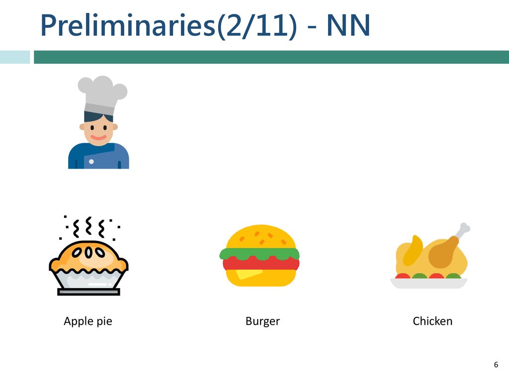 Preliminaries(2/11) - NN He cooks every day Apple pie Burger Chicken