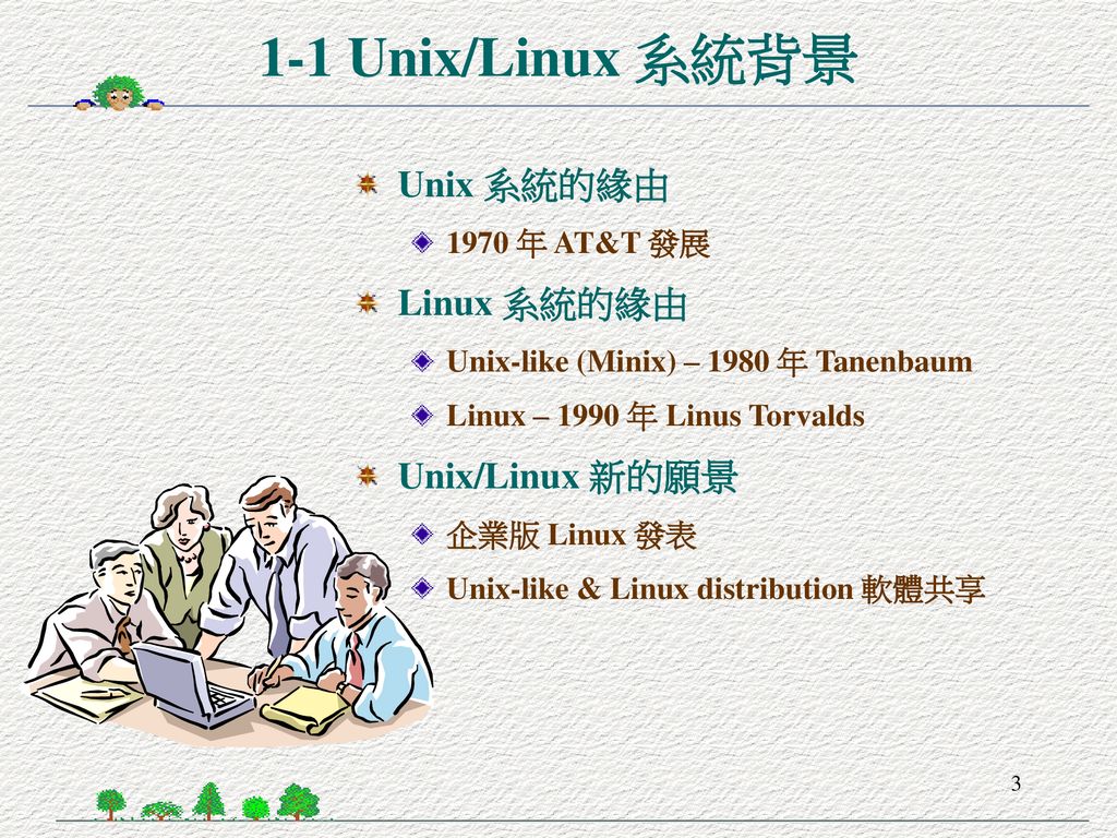 1-1 Unix/Linux 系統背景 Unix 系統的緣由 Linux 系統的緣由 Unix/Linux 新的願景