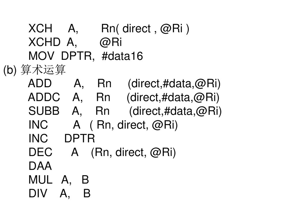 XCH A, Rn( direct ) XCHD MOV DPTR, #data16 (b) 算术运算 ADD A, Rn ADDC A, Rn SUBB A, Rn INC A ( Rn, INC DPTR DEC A (Rn, DAA MUL A, B DIV A, B