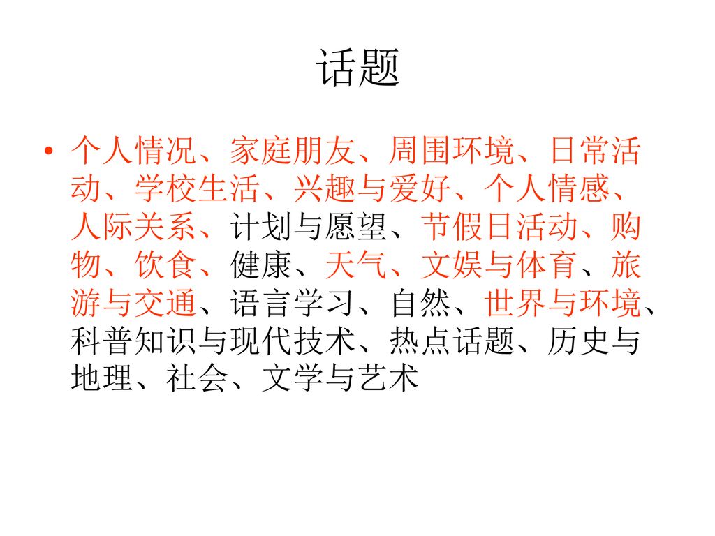 话题 个人情况、家庭朋友、周围环境、日常活动、学校生活、兴趣与爱好、个人情感、人际关系、计划与愿望、节假日活动、购物、饮食、健康、天气、文娱与体育、旅游与交通、语言学习、自然、世界与环境、科普知识与现代技术、热点话题、历史与地理、社会、文学与艺术.