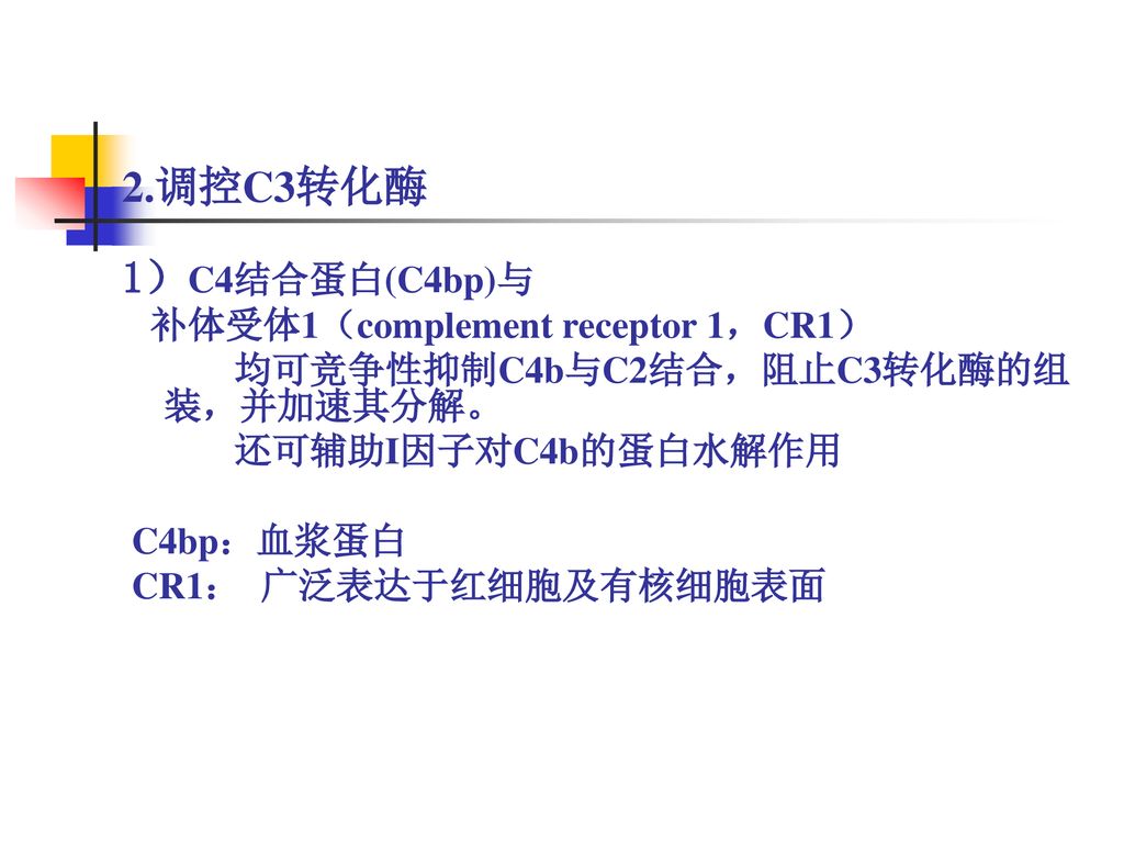 2.调控C3转化酶 1）C4结合蛋白(C4bp)与 补体受体1（complement receptor 1，CR1）