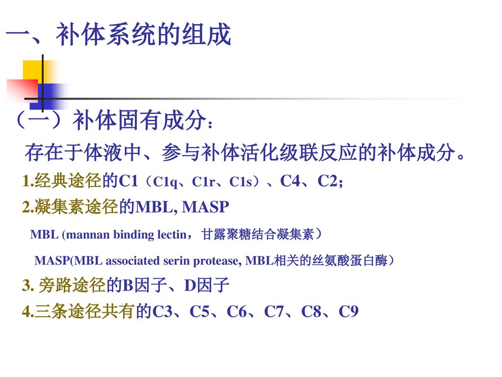 一、补体系统的组成 （一）补体固有成分： 存在于体液中、参与补体活化级联反应的补体成分。