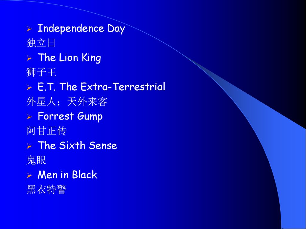 Independence Day 独立日. The Lion King. 狮子王. E.T. The Extra-Terrestrial. 外星人；天外来客. Forrest Gump. 阿甘正传.