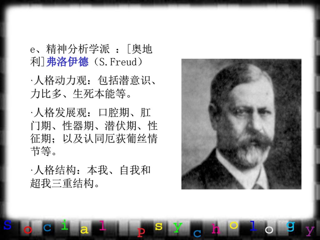 e、精神分析学派 ：[奥地利]弗洛伊德（S.Freud）