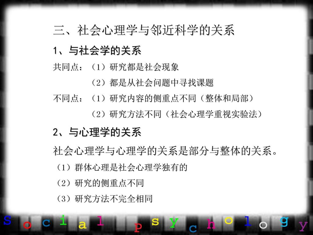 三、社会心理学与邻近科学的关系 1、与社会学的关系 2、与心理学的关系 社会心理学与心理学的关系是部分与整体的关系。