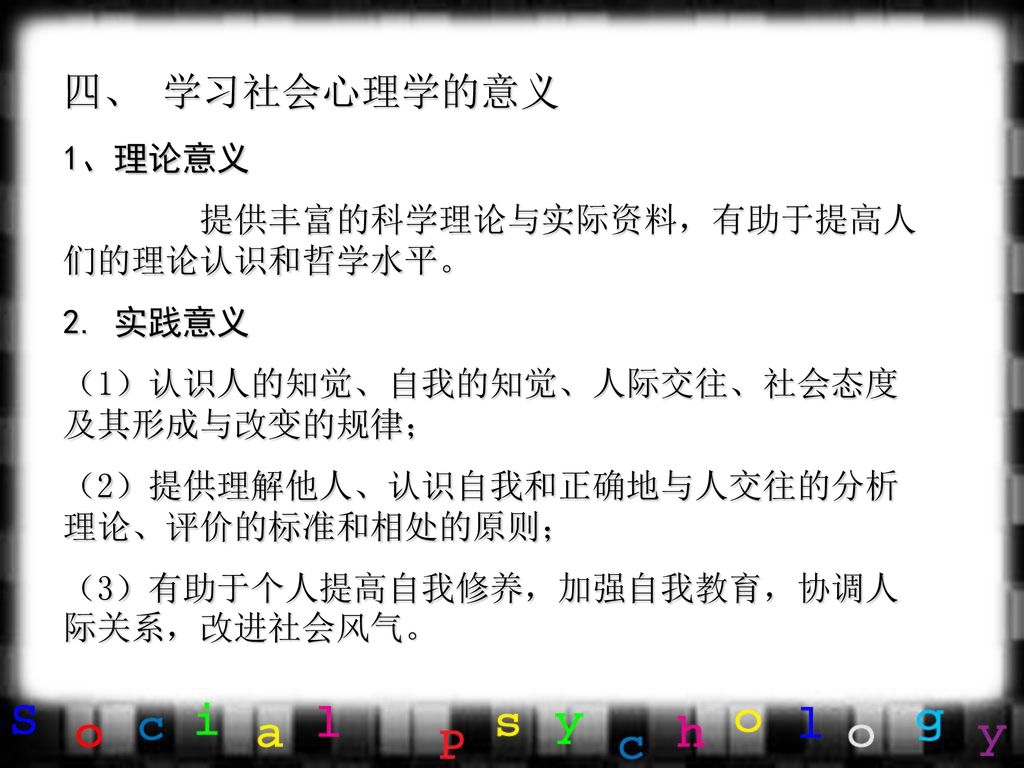 四、 学习社会心理学的意义 1、理论意义 提供丰富的科学理论与实际资料，有助于提高人们的理论认识和哲学水平。 2. 实践意义