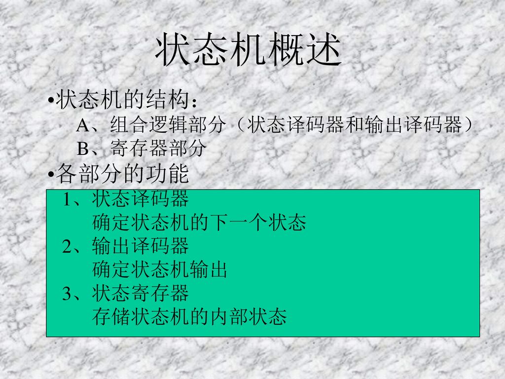 状态机概述 状态机的结构： 各部分的功能 A、组合逻辑部分（状态译码器和输出译码器） B、寄存器部分 1、状态译码器 确定状态机的下一个状态