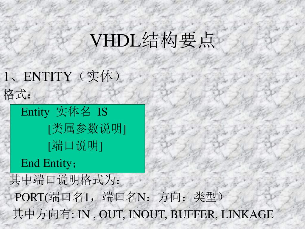 VHDL结构要点 1、ENTITY（实体） 格式： Entity 实体名 IS [类属参数说明] [端口说明] End Entity；