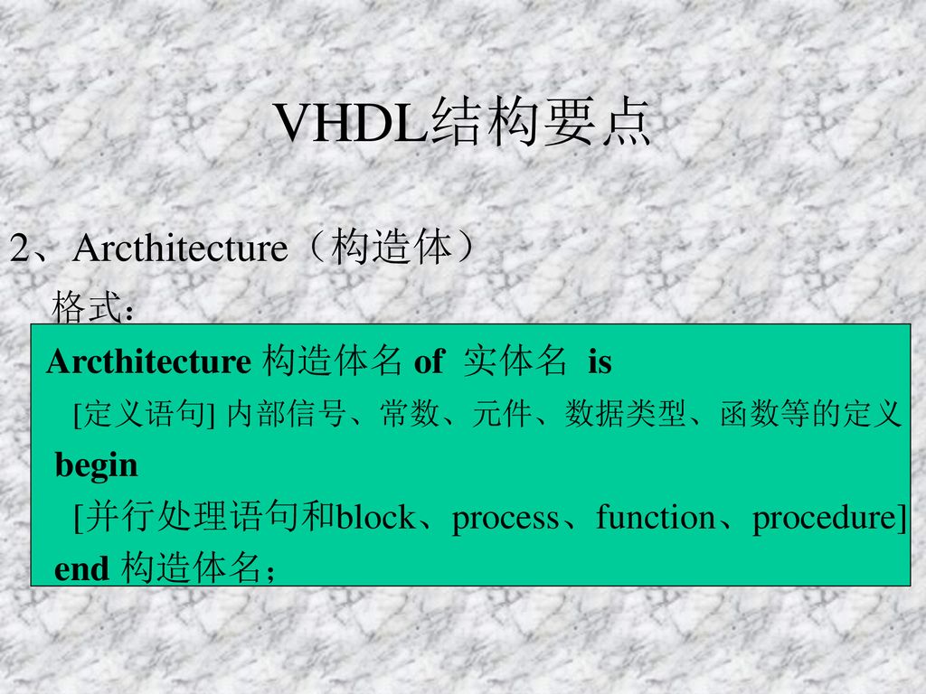 VHDL结构要点 2、Arcthitecture（构造体） 格式： Arcthitecture 构造体名 of 实体名 is