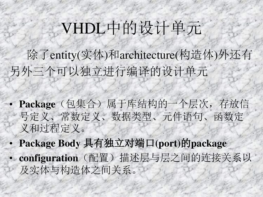 VHDL中的设计单元 除了entity(实体)和architecture(构造体)外还有 另外三个可以独立进行编译的设计单元