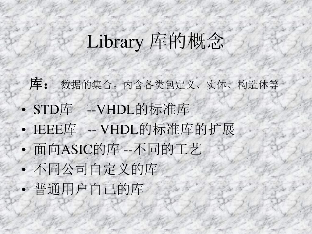 Library 库的概念 库： 数据的集合。内含各类包定义、实体、构造体等 STD库 --VHDL的标准库