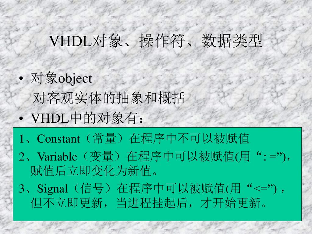 VHDL对象、操作符、数据类型 对象object 对客观实体的抽象和概括 VHDL中的对象有：