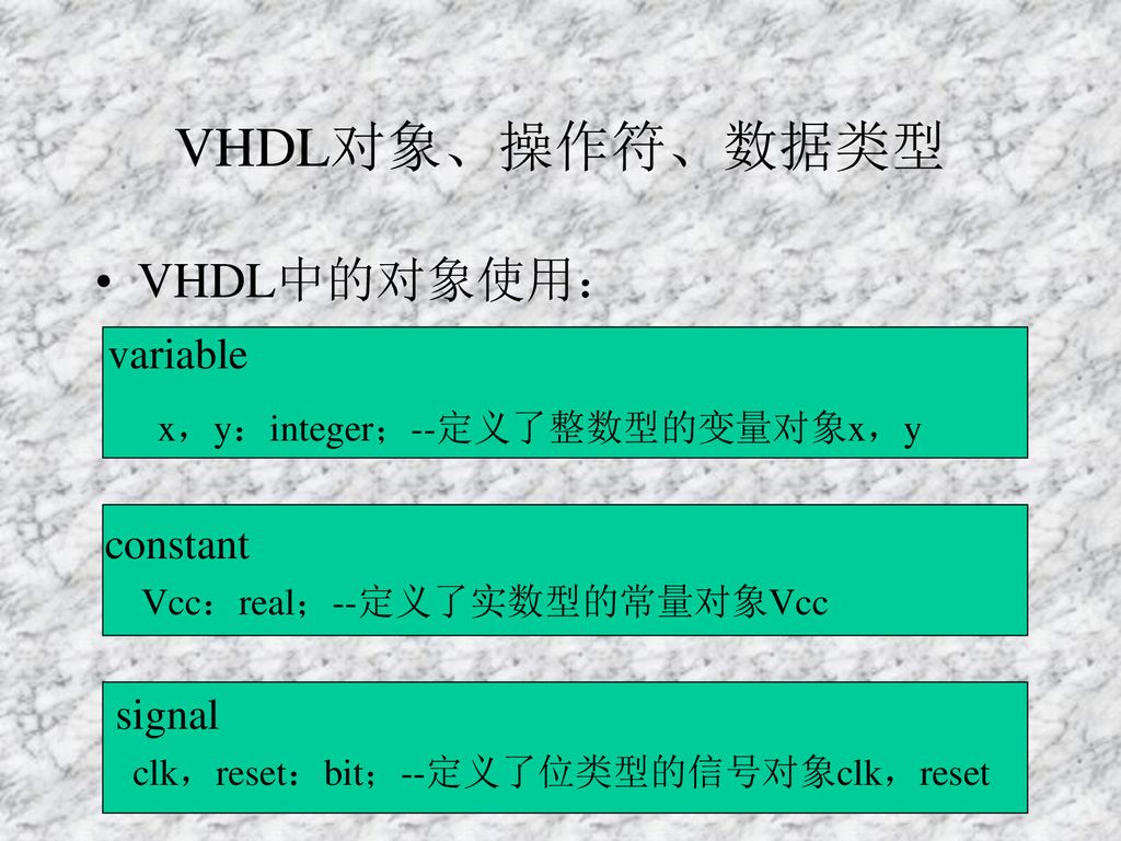 VHDL对象、操作符、数据类型 VHDL中的对象使用： variable x，y：integer；--定义了整数型的变量对象x，y