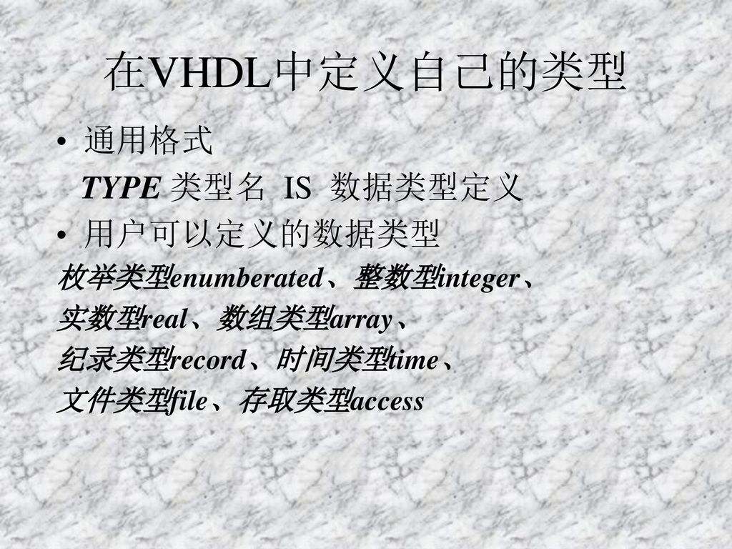 在VHDL中定义自己的类型 通用格式 TYPE 类型名 IS 数据类型定义 用户可以定义的数据类型