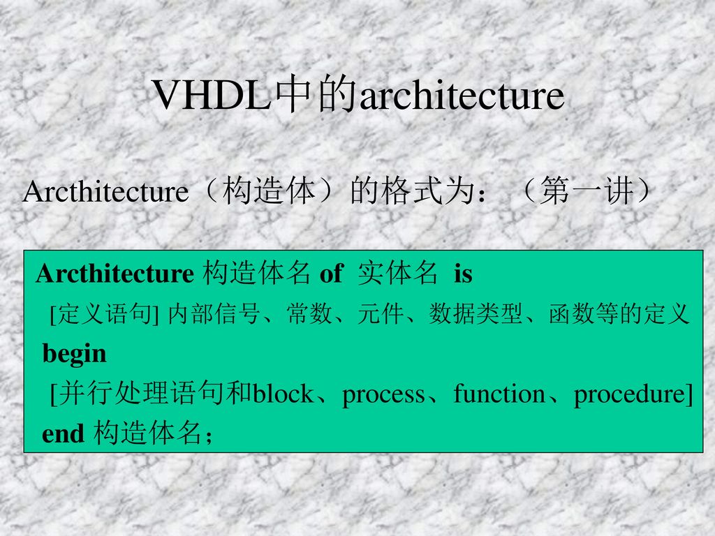 VHDL中的architecture Arcthitecture（构造体）的格式为：（第一讲）