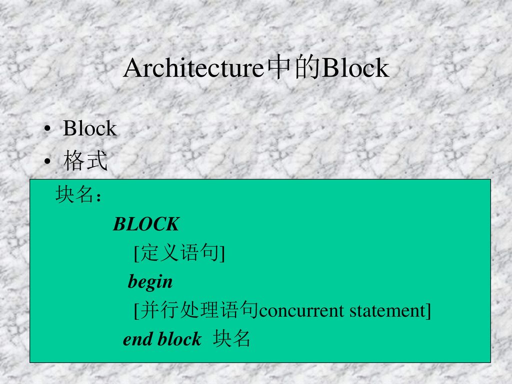 Architecture中的Block Block 格式 块名： BLOCK [定义语句] begin