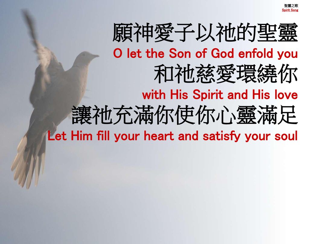 願神愛子以祂的聖靈 和祂慈愛環繞你 讓祂充滿你使你心靈滿足 O let the Son of God enfold you