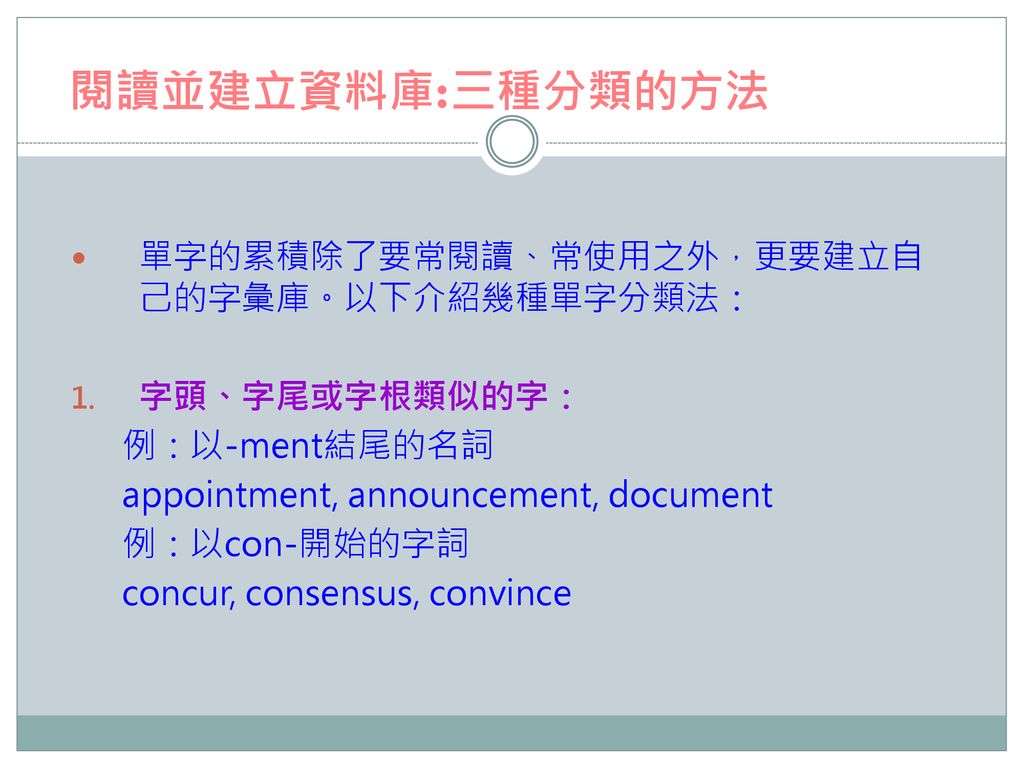 閱讀並建立資料庫:三種分類的方法 單字的累積除了要常閱讀、常使用之外，更要建立自己的字彙庫。以下介紹幾種單字分類法：