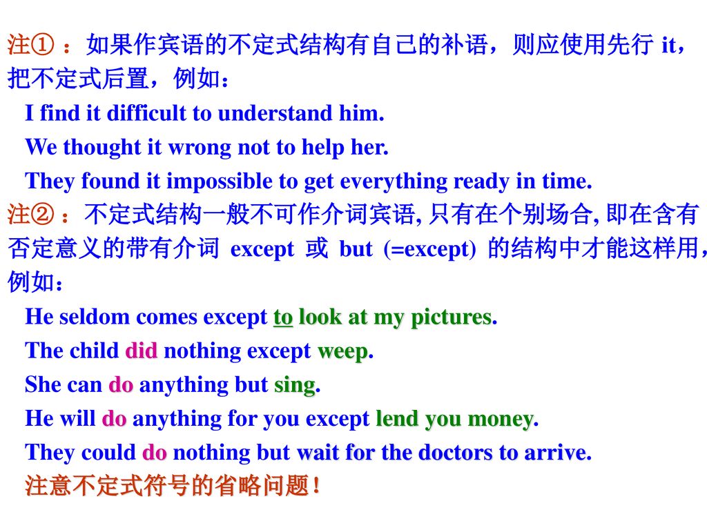 注① ：如果作宾语的不定式结构有自己的补语，则应使用先行 it，把不定式后置，例如：