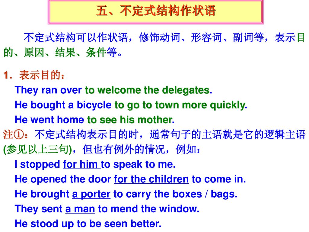 五、不定式结构作状语 不定式结构可以作状语，修饰动词、形容词、副词等，表示目的、原因、结果、条件等。 1．表示目的：