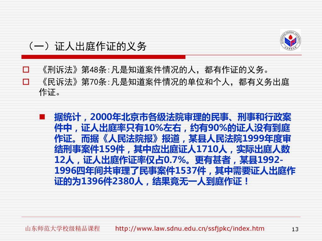 （一）证人出庭作证的义务 《刑诉法》第48条:凡是知道案件情况的人，都有作证的义务。 《民诉法》第70条:凡是知道案件情况的单位和个人，都有义务出庭作证。