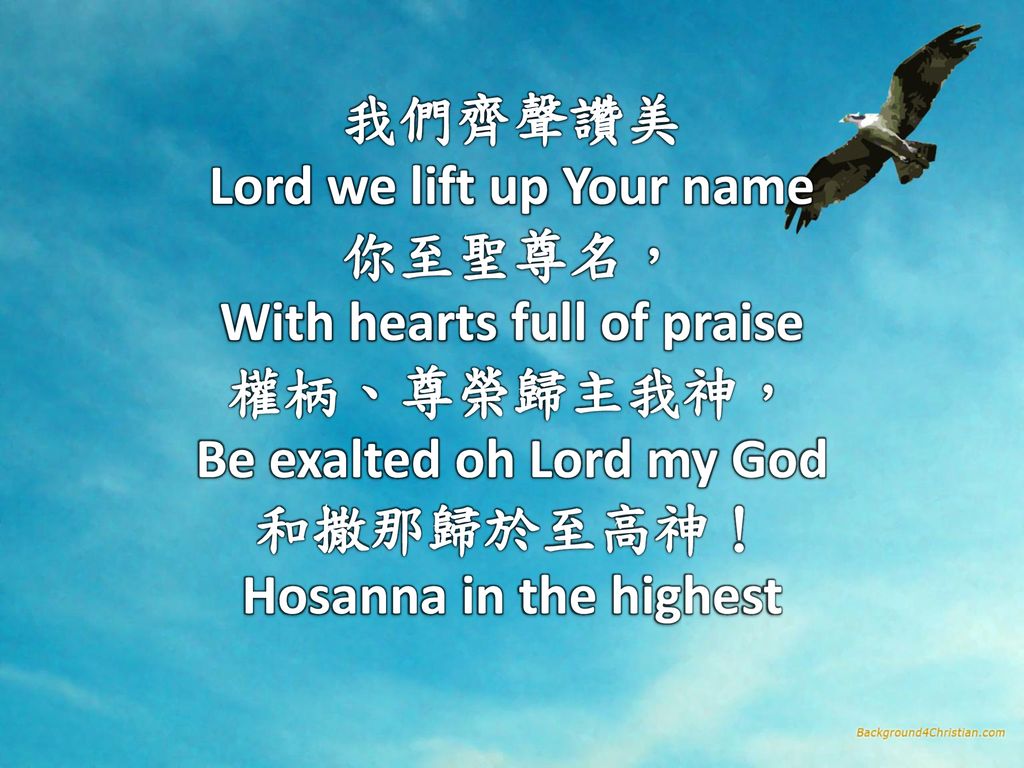 我們齊聲讚美 Lord we lift up Your name 你至聖尊名， With hearts full of praise 權柄、尊榮歸主我神， Be exalted oh Lord my God 和撒那歸於至高神！ Hosanna in the highest