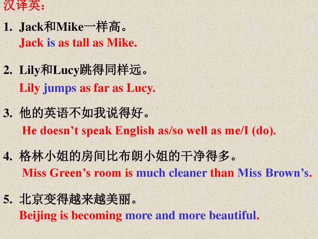 汉译英： Jack和Mike一样高。 Lily和Lucy跳得同样远。 他的英语不如我说得好。 格林小姐的房间比布朗小姐的干净得多。 北京变得越来越美丽。 Jack is as tall as Mike.