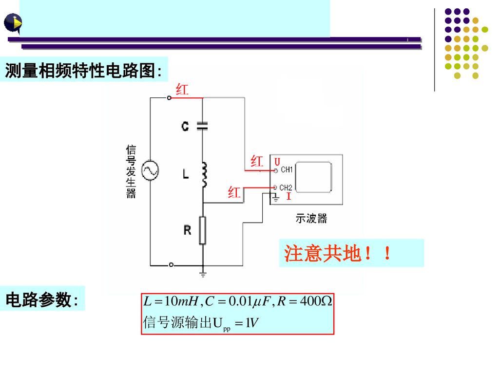 测量相频特性电路图: 注意共地！！ 电路参数: 实验内容 实验内容 实验内容