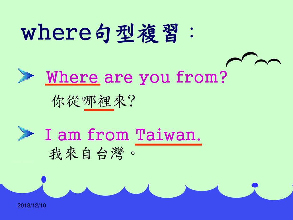 where句型複習： Where are you from I am from Taiwan. 你從哪裡來 我來自台灣。