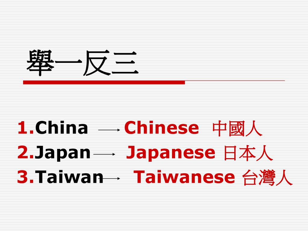 China Chinese 中國人 Japan Japanese 日本人 Taiwan Taiwanese 台灣人