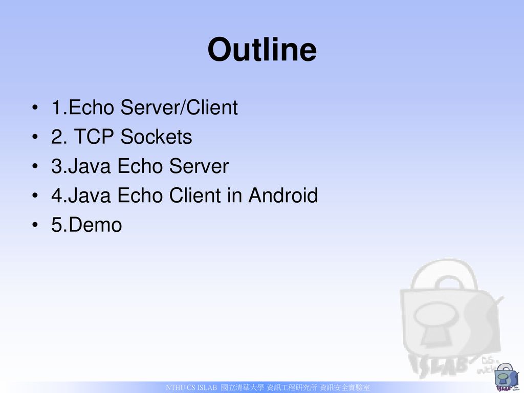 Outline 1.Echo Server/Client 2. TCP Sockets 3.Java Echo Server