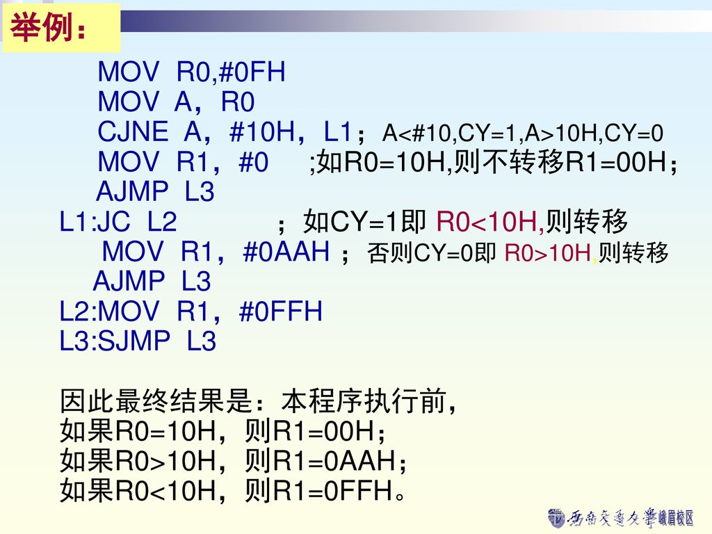 举例： MOV R0,#0FH MOV A，R0 CJNE A，#10H，L1；A<#10,CY=1,A>10H,CY=0