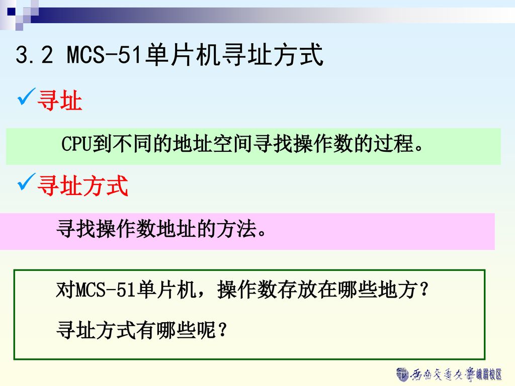 3.2 MCS-51单片机寻址方式 寻址 寻址方式 CPU到不同的地址空间寻找操作数的过程。 寻找操作数地址的方法。