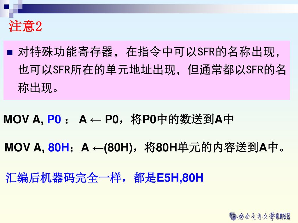 注意2 对特殊功能寄存器，在指令中可以SFR的名称出现，也可以SFR所在的单元地址出现，但通常都以SFR的名称出现。