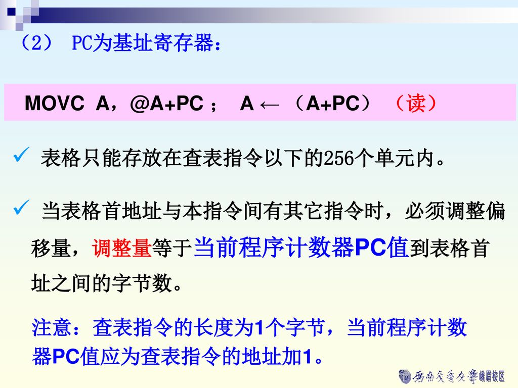 （2） PC为基址寄存器： MOVC ； A ← （A+PC） （读） 表格只能存放在查表指令以下的256个单元内。 当表格首地址与本指令间有其它指令时，必须调整偏移量，调整量等于当前程序计数器PC值到表格首址之间的字节数。