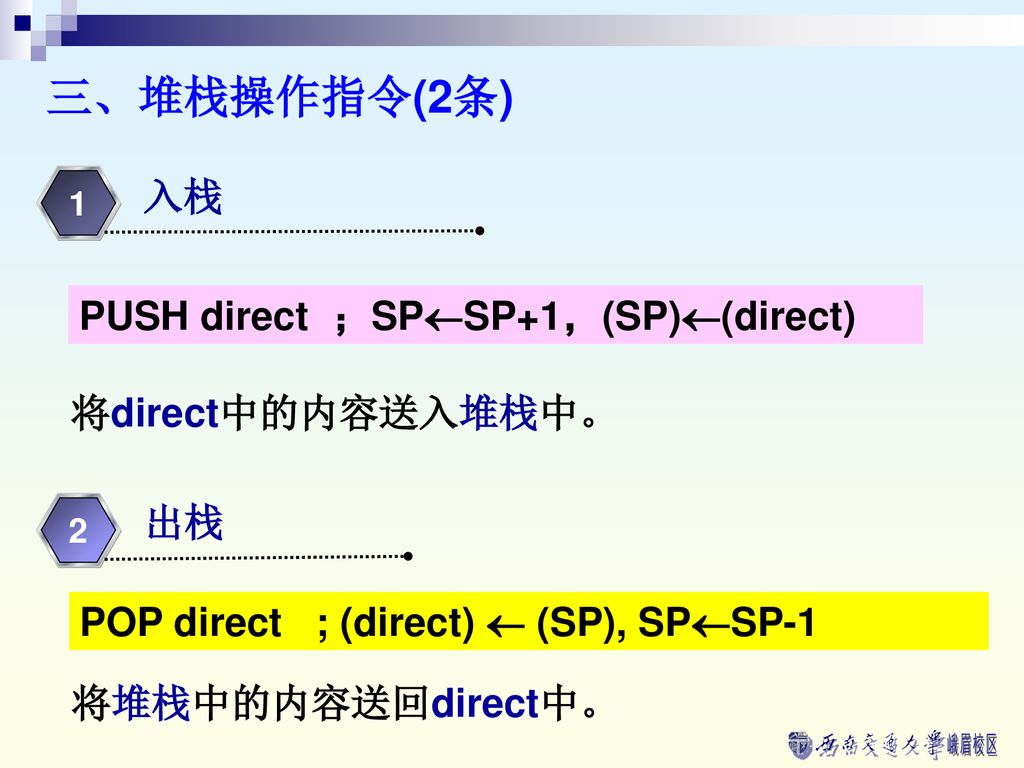 三、堆栈操作指令(2条) 入栈 PUSH direct ；SPSP+1，(SP)(direct) 将direct中的内容送入堆栈中。